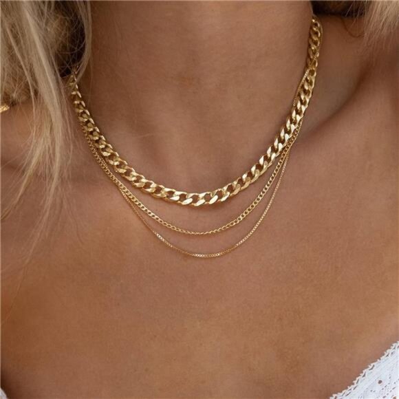 3 Gold Layered Necklaces Anastasia, 14K Gold Plated Dainty Gold Chain Choker - Picture 2 of 8